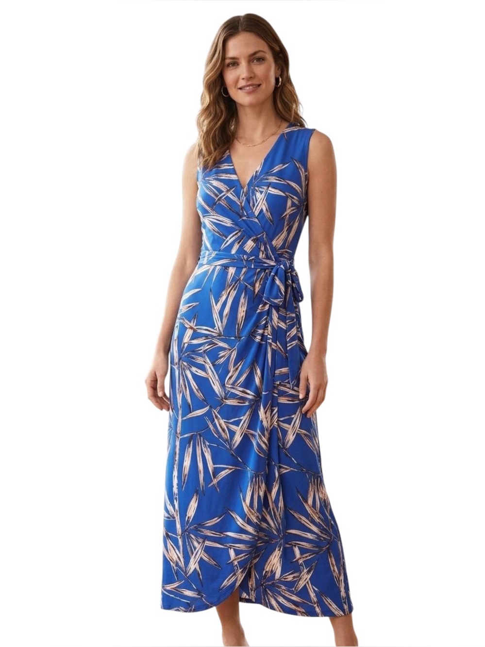 London Times Sleeveless Blue Bamboo Leaf Print Faux Wrap Maxi Dress Size 10